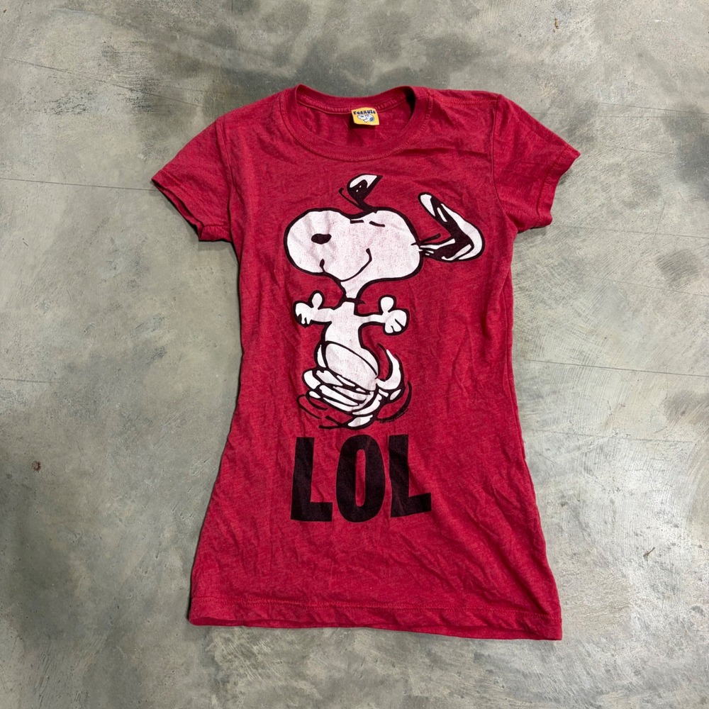 Peanuts Snoopy LOL Graphic T-Shirt Red Heathered Slim Fit Crew Neck Womens M